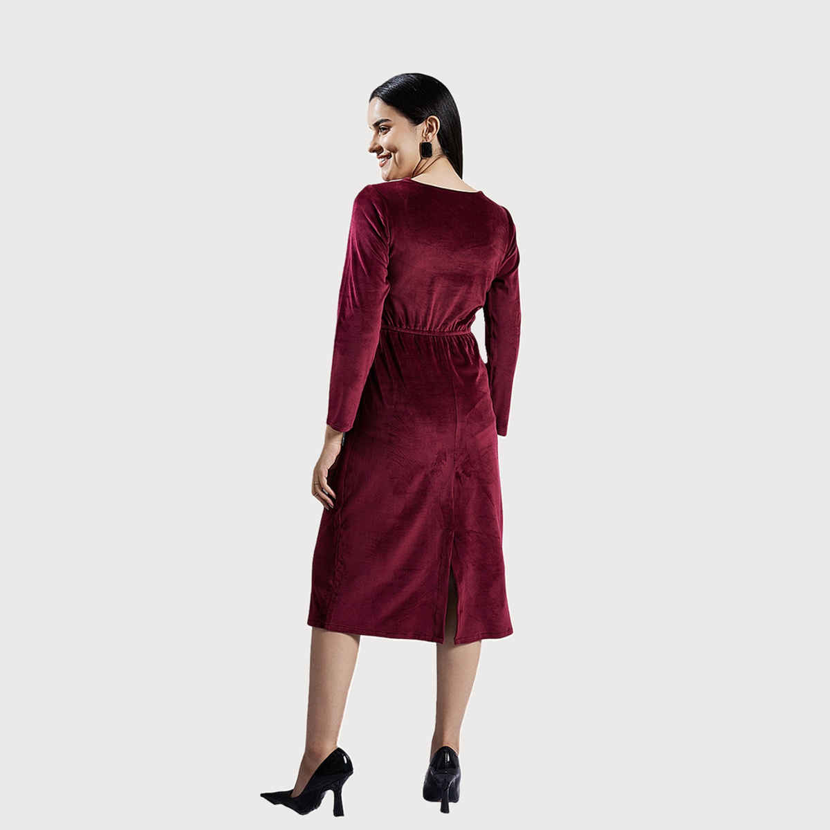 Athena Women's Sweetheart Neck Embellished Detailed A-Line Midi Dress | Maroon - L