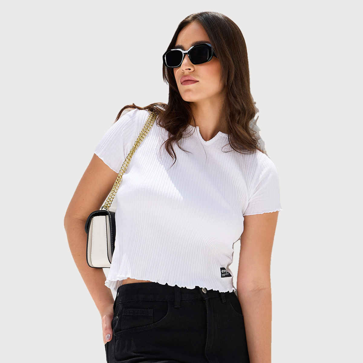 Styli Women's Crop T-shirt with Self Design | White - XL