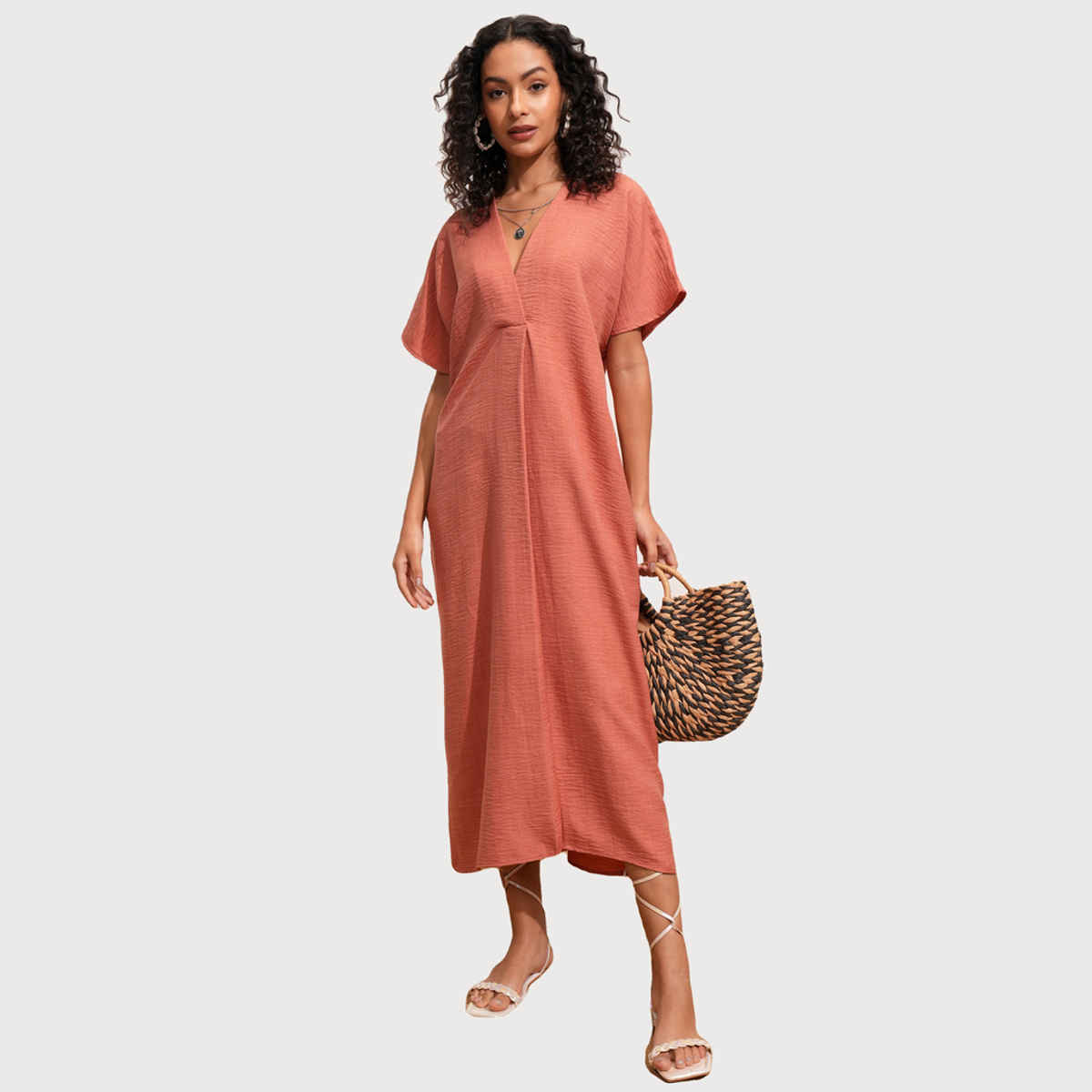 Tokyo Talkies Women's Rust Kaftan Neck Flowy Maxi | Brown - L