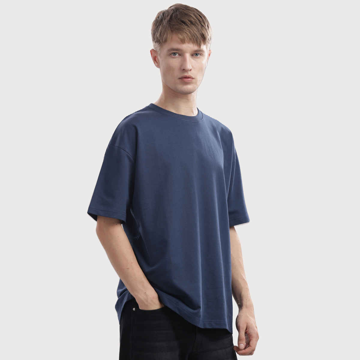 OUTLAWS Men's 100% Cotton Oversized T-Shirt | Half Sleeves | Round Neck | Dark Blue - M