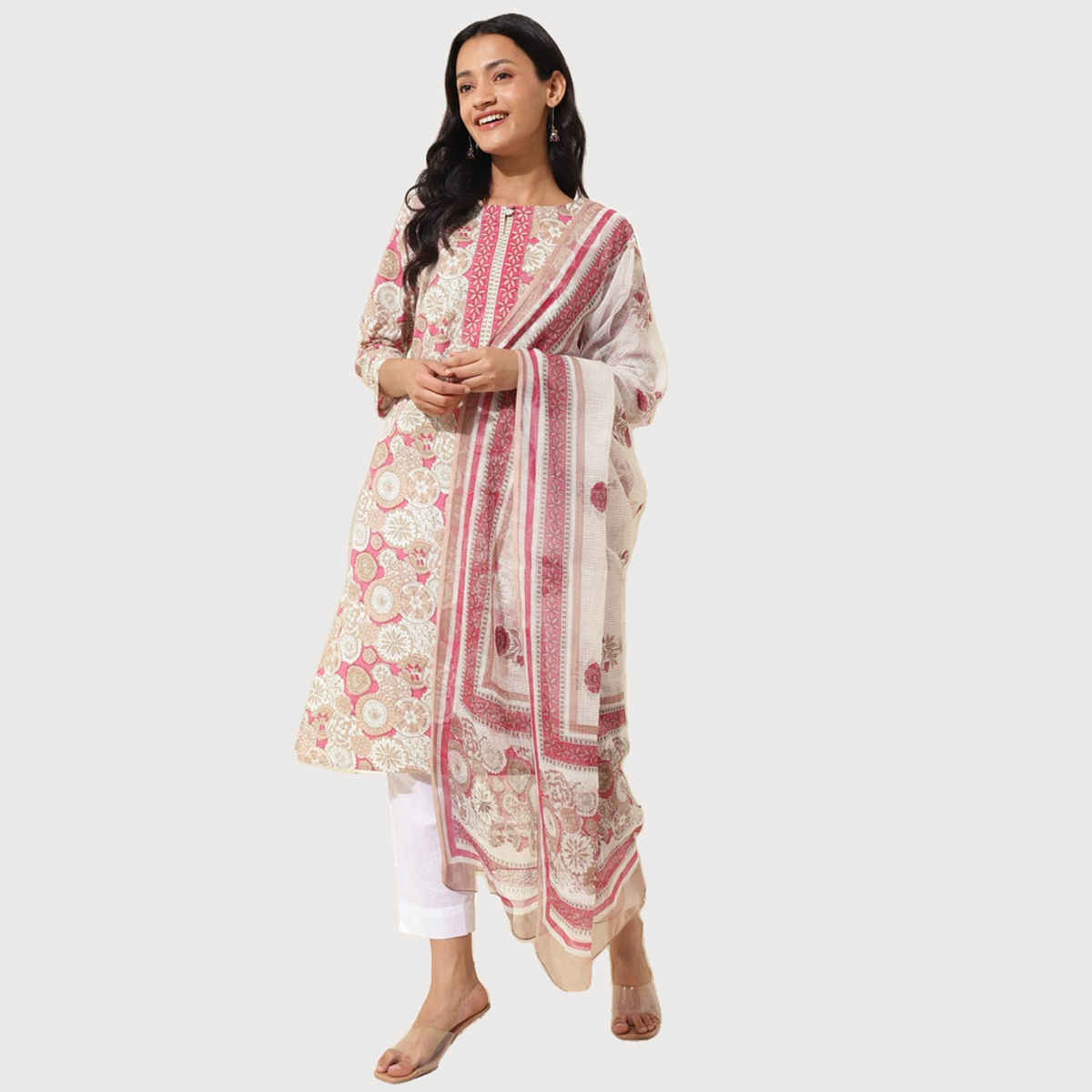 Fabindia Women's Dupatta & Kurta Set Cotton Printed | Pink - XL