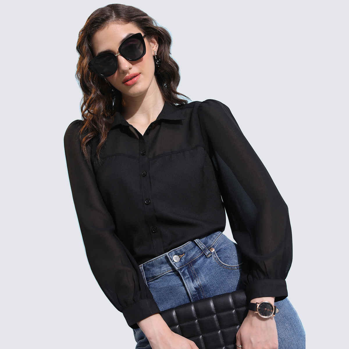Tokyo Talkies Women's Collar Puff Sleeve Shirt Style Top | Black - L