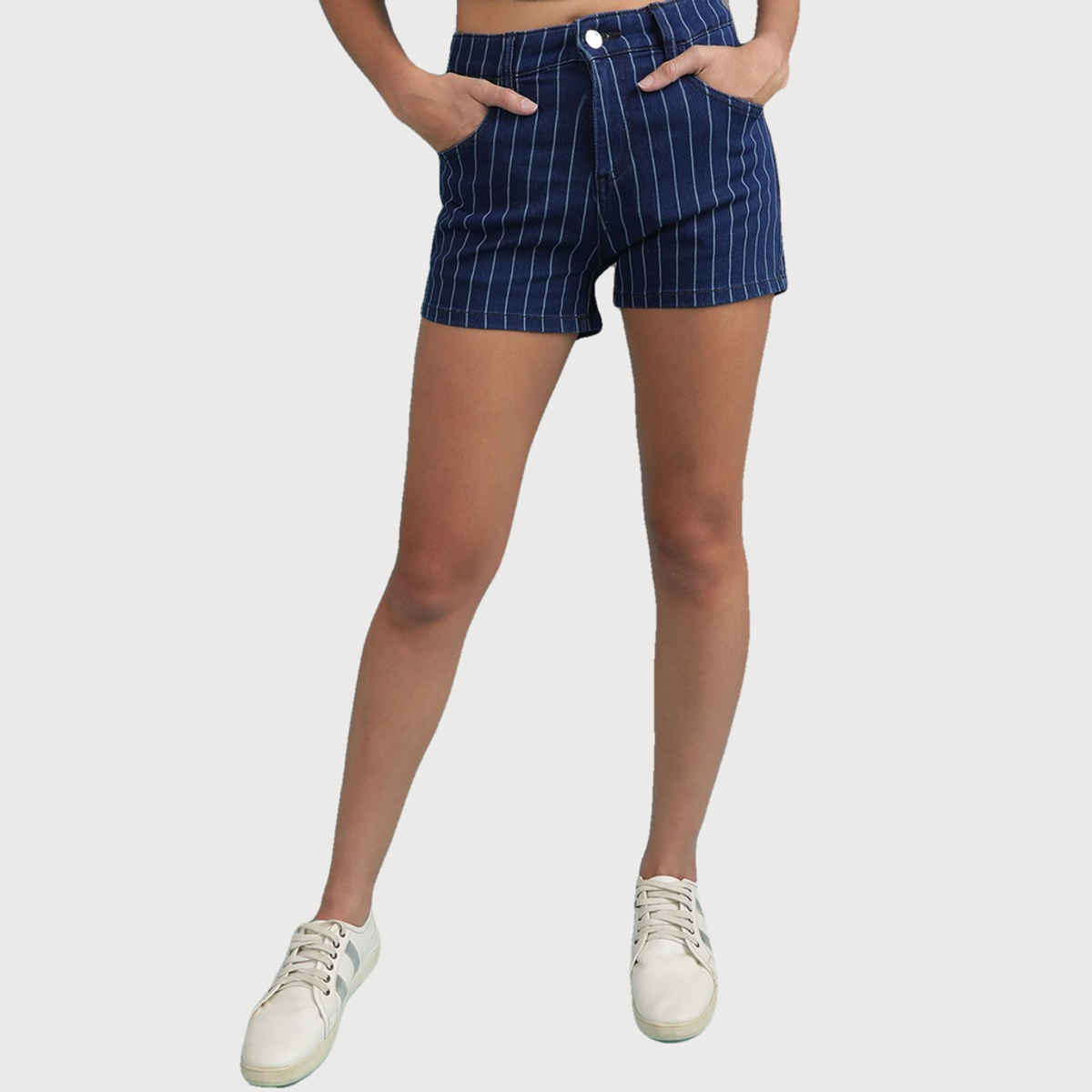 Freehand Women's Laser Striped Denim Shorts | Blue - 34