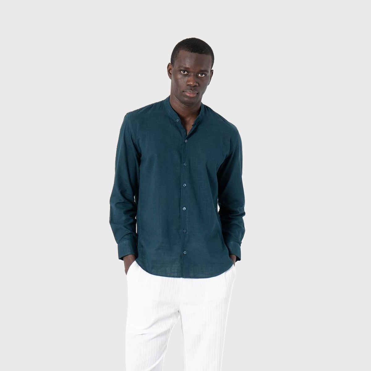 Sanskrutihomes Men's India Slim Band Collar Solid Cotton Slim Fit Casual Shirt | Blue | M