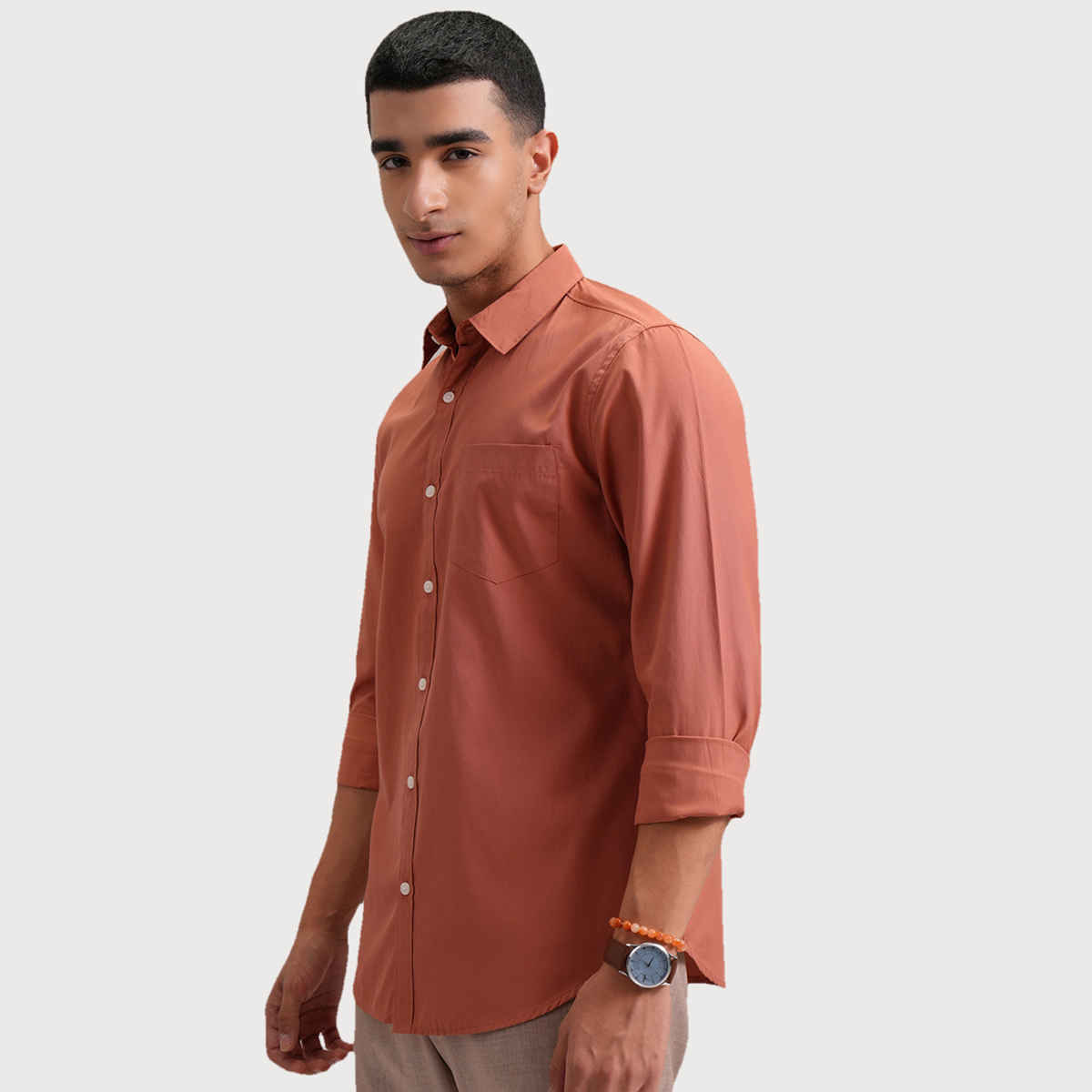 HIGHLANDER Men's Classic Slim Fit Solid Spread Collar Casual Shirt | Orange - M