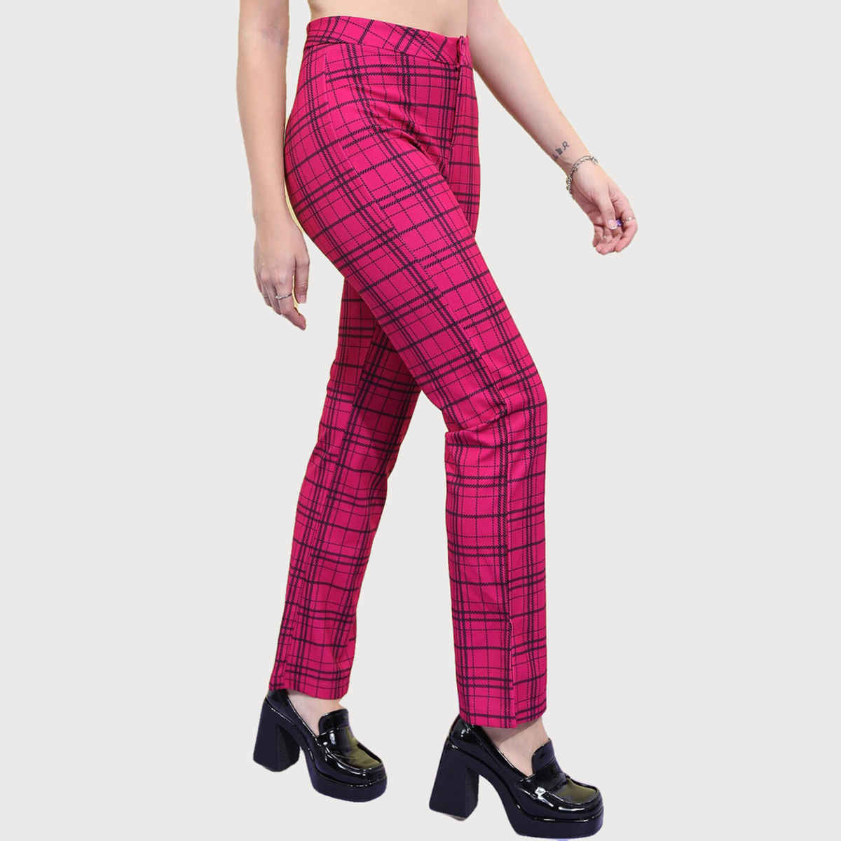 Ketch Women's Checked Split Hem Regular Trousers | Multicolor - 32