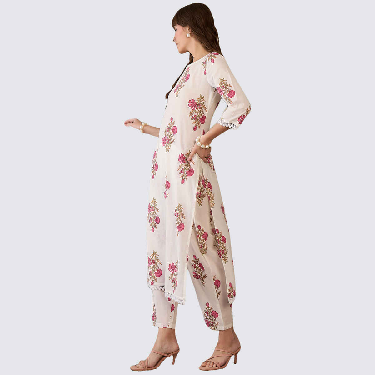 INDO ERA Women's Printed Straight Kurta Pant Set | KS0WH10041 | White - XL