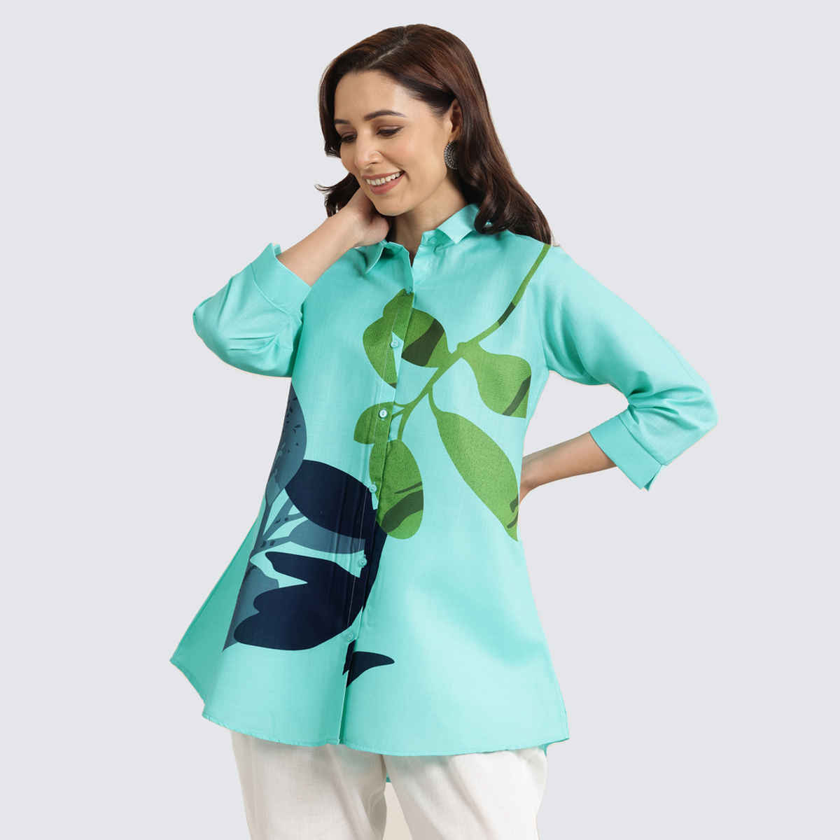 Libas Women's Printed Cotton Blend Straight Short Kurti | Blue - S
