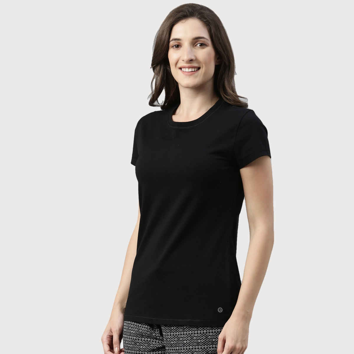 Enamor Women's E047 Basic Crew Neck Stretch Cotton Tee|Short Sleeves | Jet Black-M