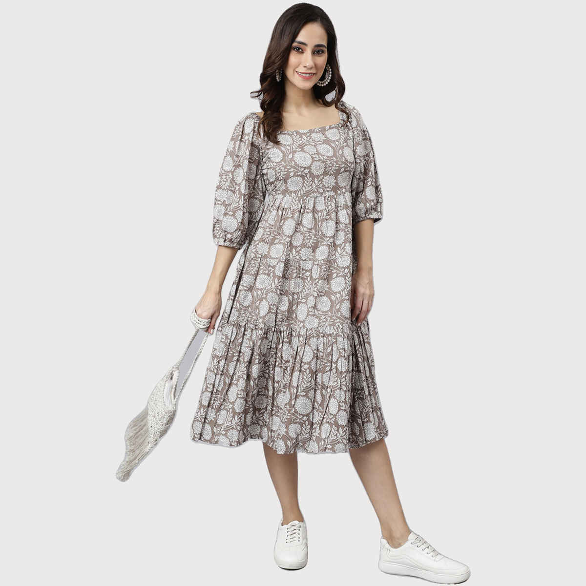 Janasya Women's Grey Pure Cotton Floral Printed Flared Dress - L
