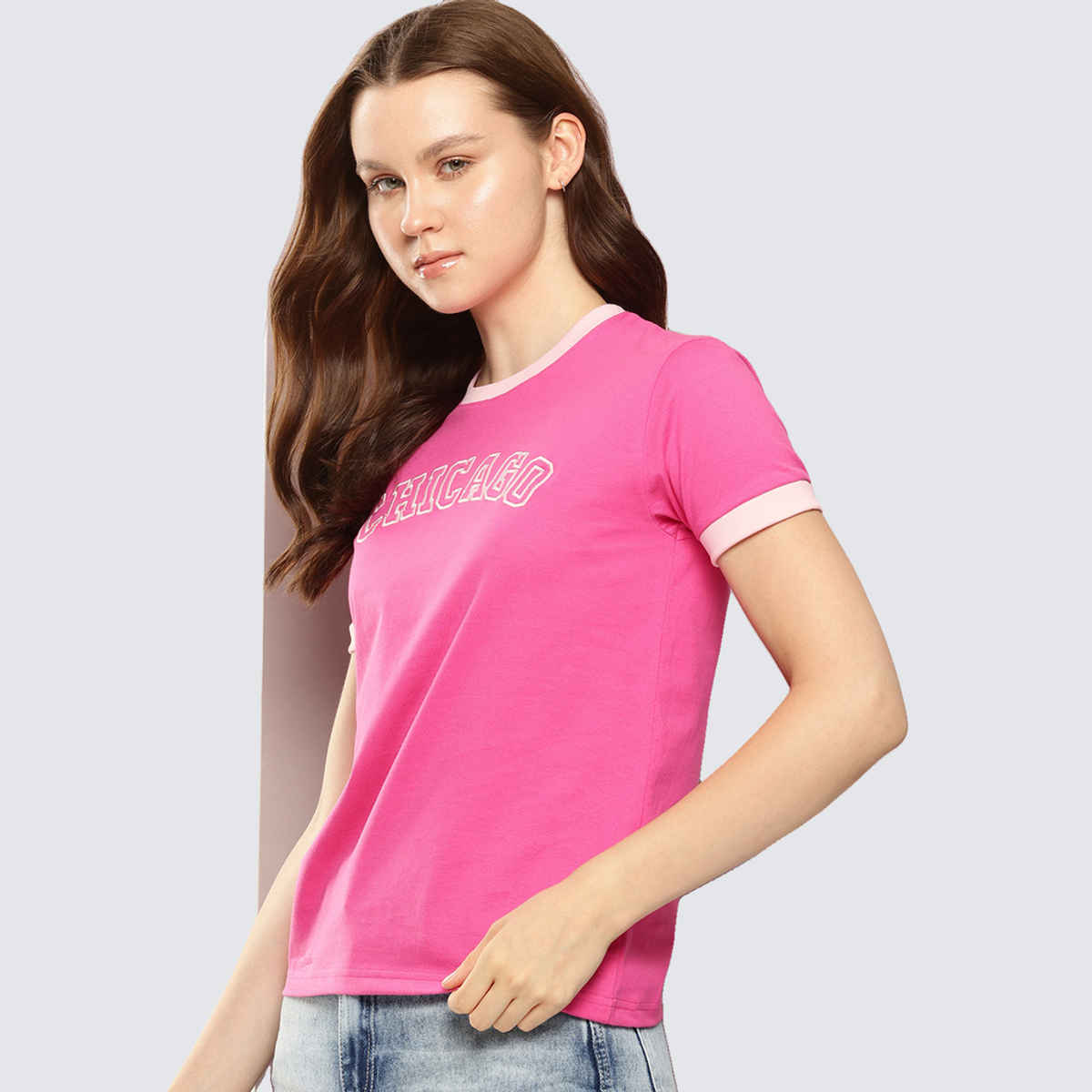 Dillinger Women's Regular Fit Raglan Sleeve Embroidery T-shirt | Fuchsia - L