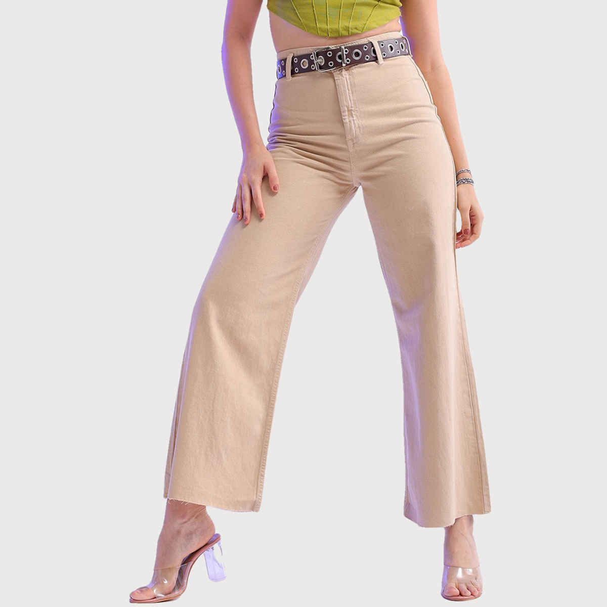 Freehand Women's Denim High Rise Bootcut Raw Edge Jeans | Beige - 30