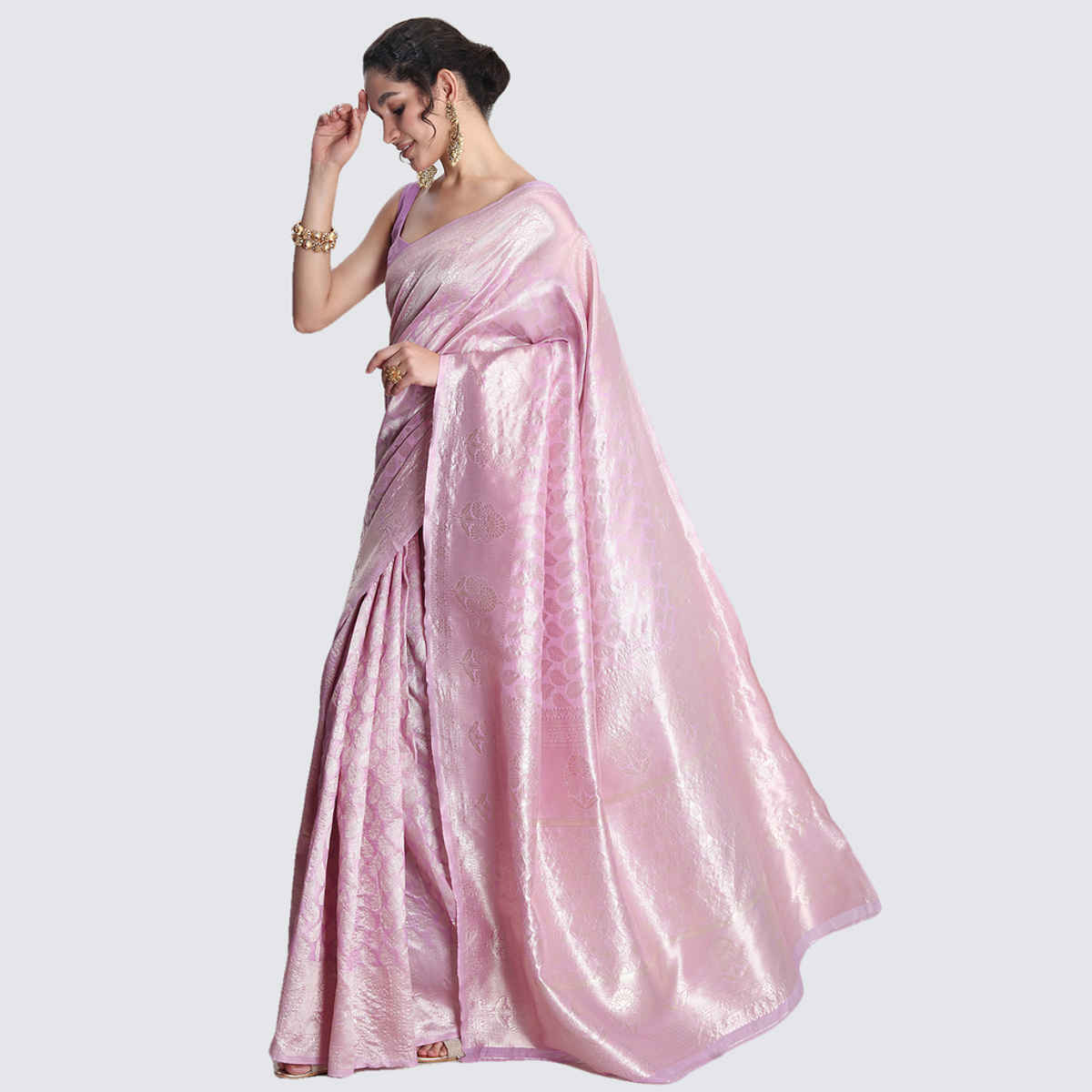 Janasya Women's Silk Blend Leaf Motifs Saree with Blouse Piece | SAR646 | Lavender