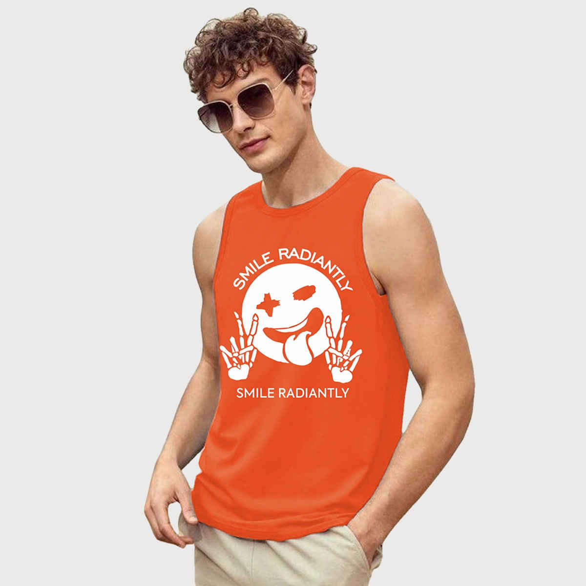 Chkokko Men Gym Regular Fit Tank Tops Sports Sleeveless Printed Vest Orange | Size S
