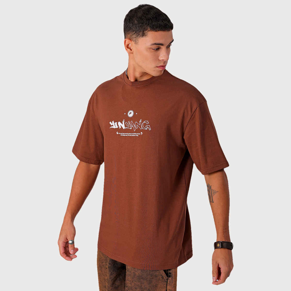 The Indian Garage Co Men's Placement Print Casual T-Shirt | Brown - XL