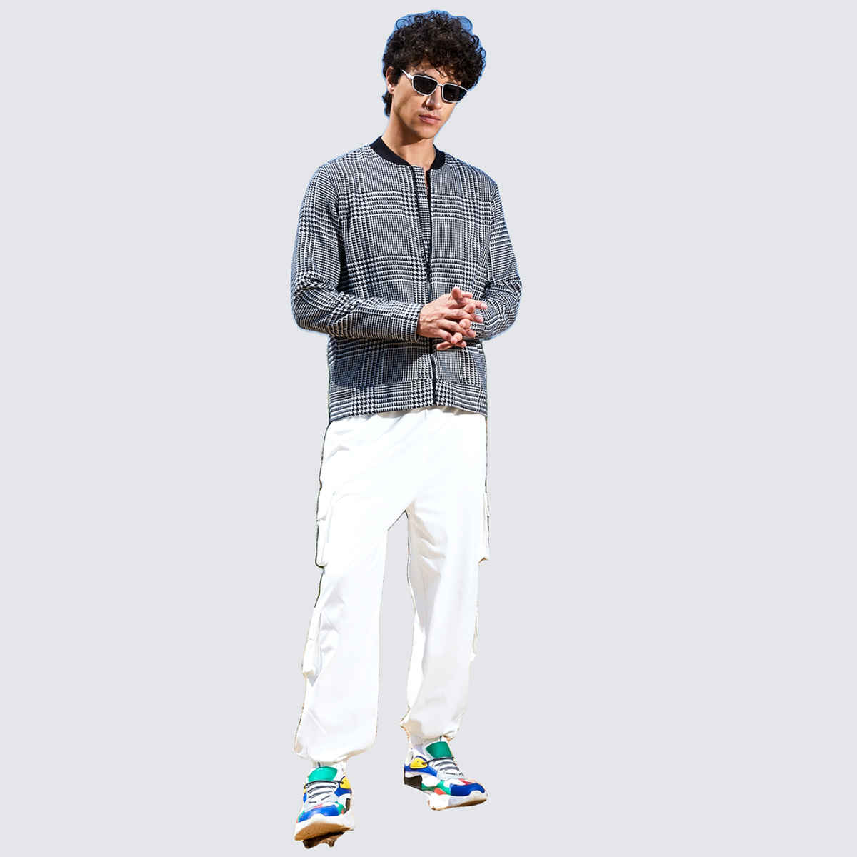 Campus Sutra Men's Zip-Front Houndstooth Jacket | Black & White - L