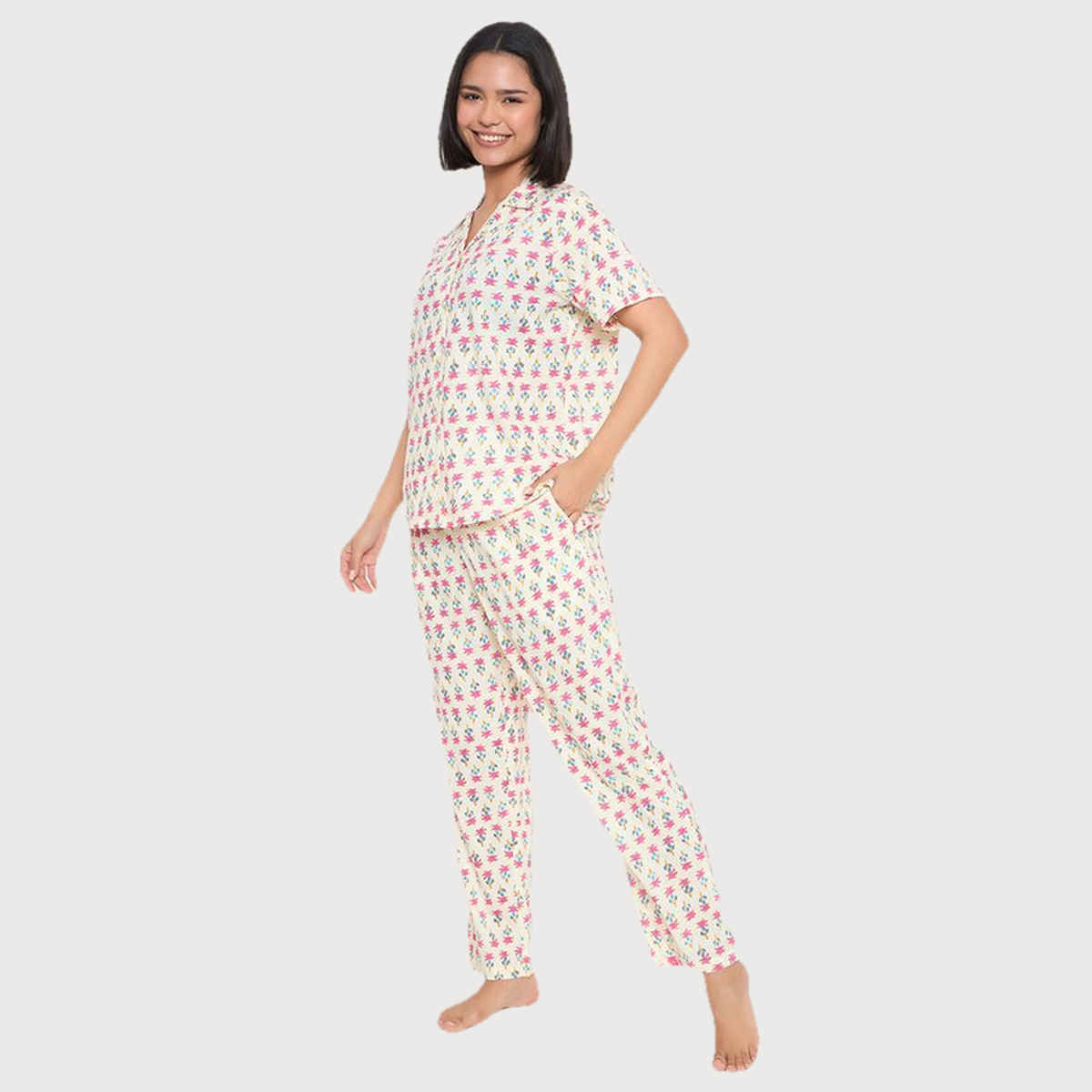 Clovia Women's Printed Button Down Shirt Rayon Top & Pyjama Set | LS0636F18 | White - XL
