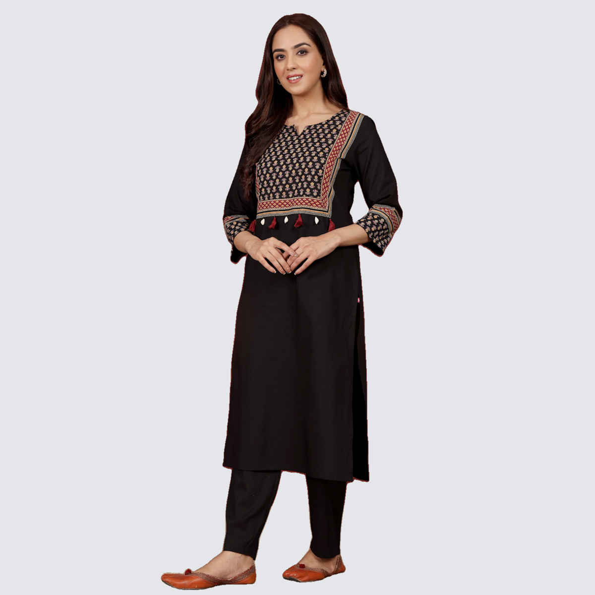 Varanga Women's Jaipuri Ethnic Printed Yoke Straight Kurta | Black - XL