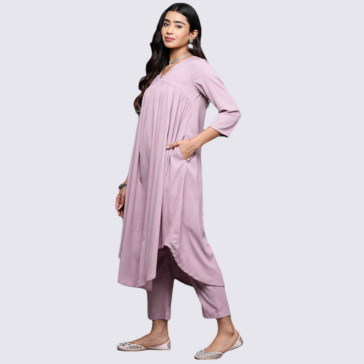 Varanga Women's Empire Gathered Details A-Line Kurta Paired with Tonal Bottom | Pink - S