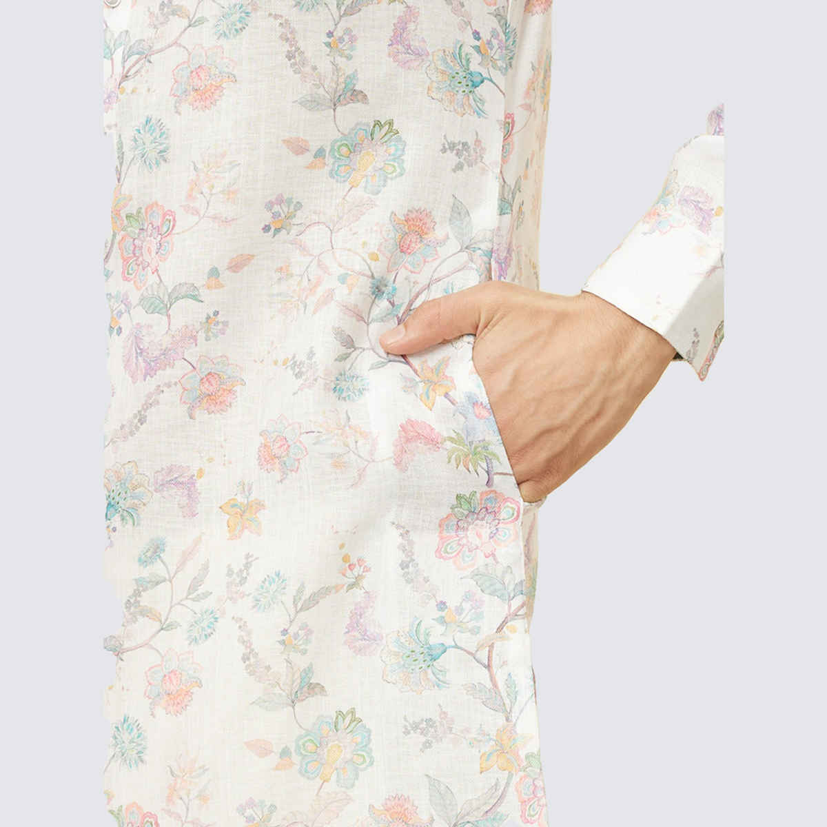 Manyavar Cream Blended Cotton Printed Kurta | XL