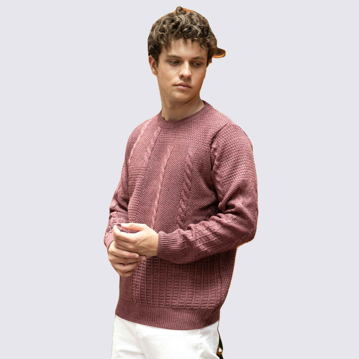 Campus Sutra Men's Twist-Knit Pullover Sweater | Mauve Brown - M