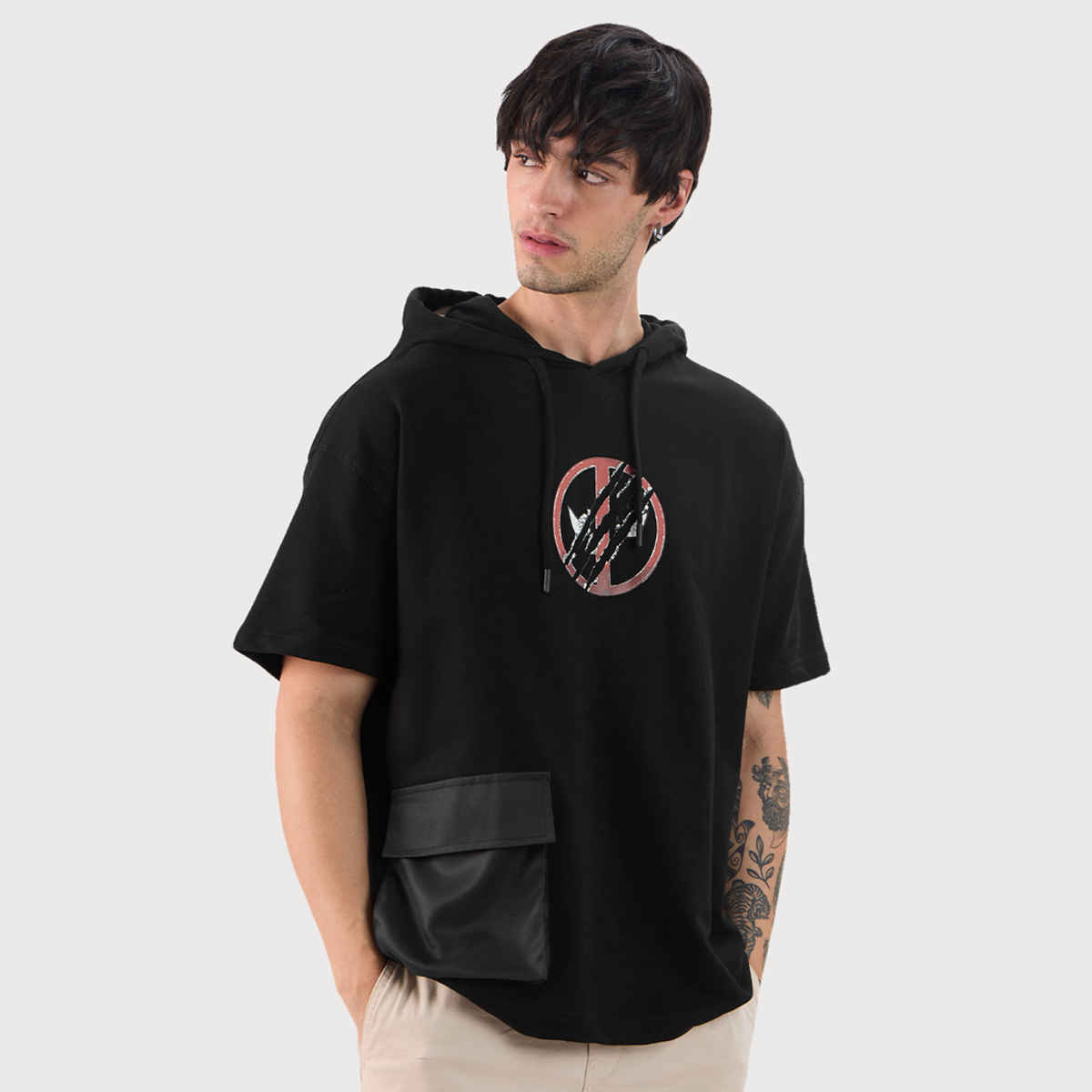The Souled Store Men's Oversized Marvel- Deadly Duo Hooded T-shirts | Black | L