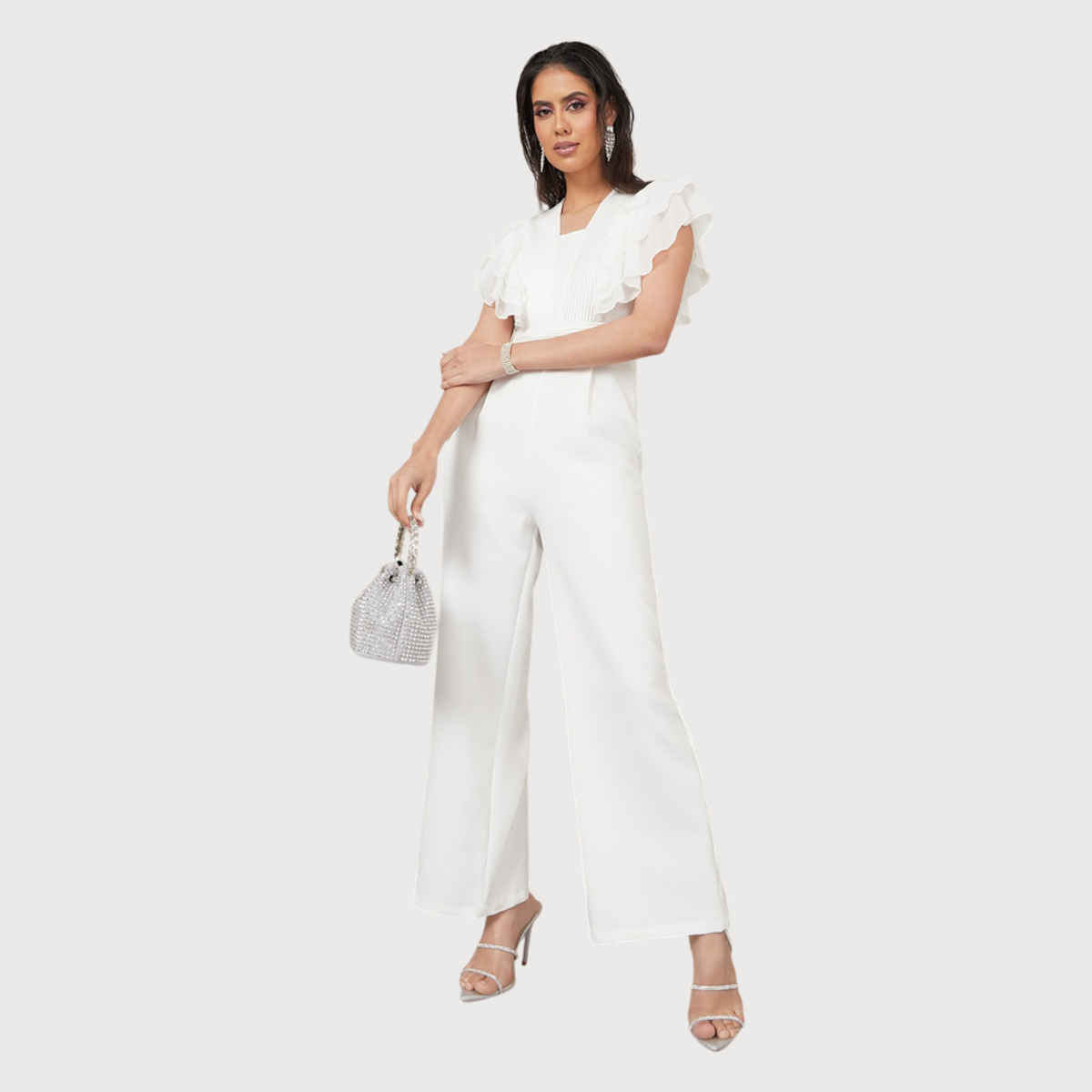 Styli Women's Wide Leg Jumpsuit with Ruffle Sleeves and Pleats | White - XL
