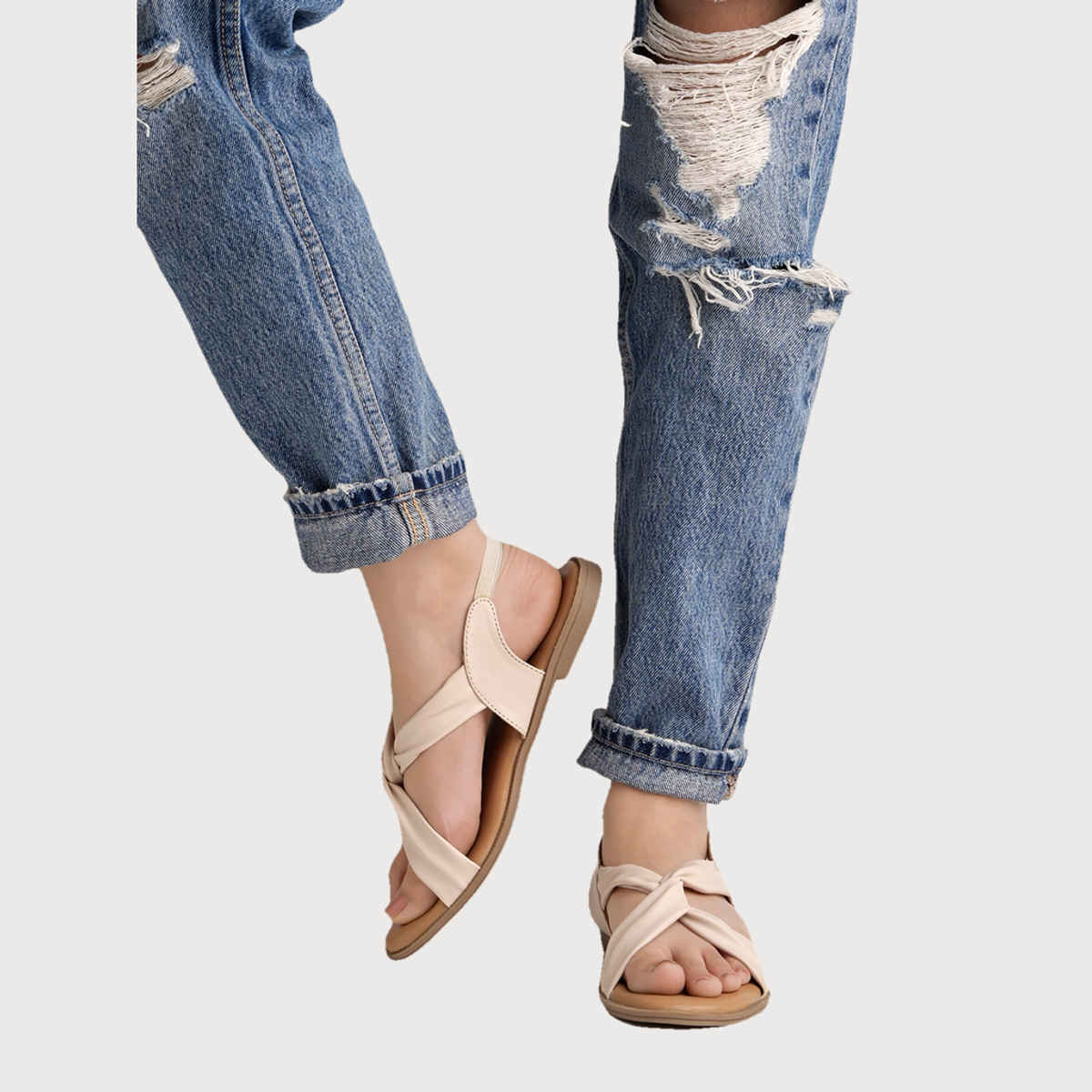 Shoetopia Cross Strap Cream Flat Sandals For Women | UK 3