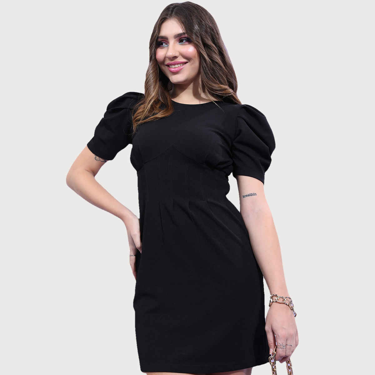 Tokyo Talkies Women's Puff Sleeve Sheath Mini Dress | Black - S