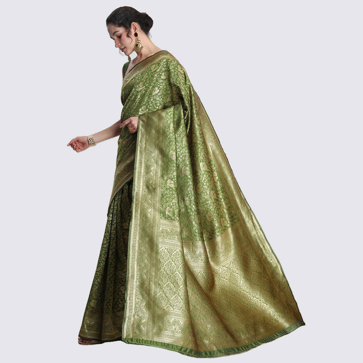 Janasya Women's Silk Blend Floral Woven Design Jacquard Saree with Blouse Piece | SAR656 | Green