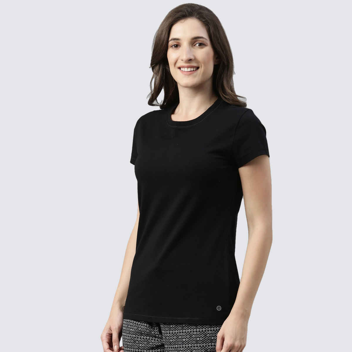 Enamor Women's E047 Basic Crew Neck Stretch Cotton Tee|Short Sleeves | Jet Black-S