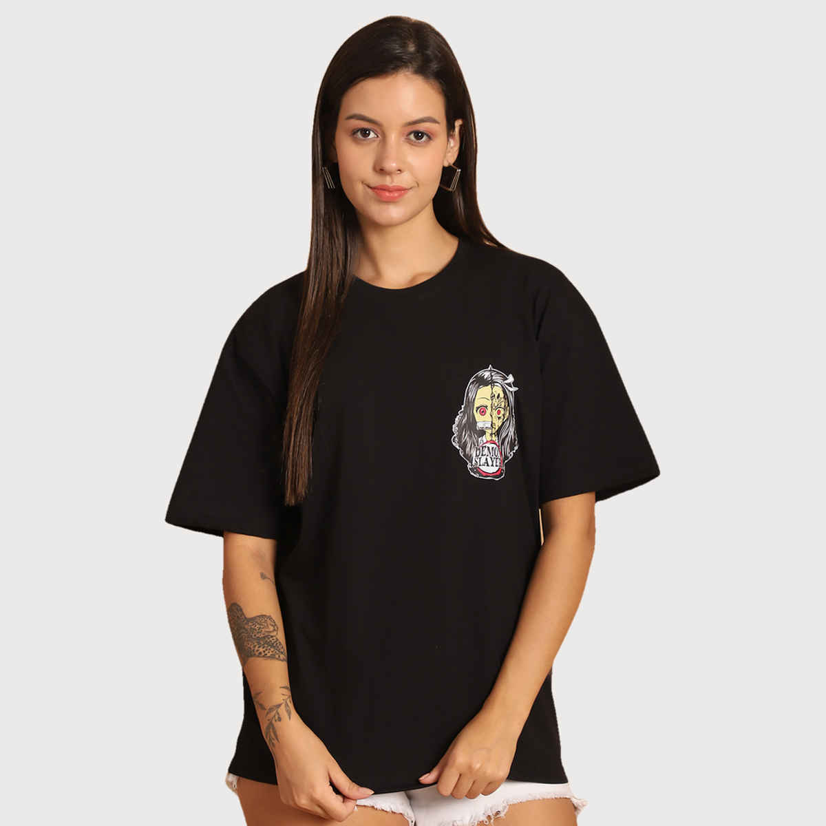 Fabflee Women Oversize Cotton Printed Round Neck Tshirt | Black | FAB-OS-512 | M