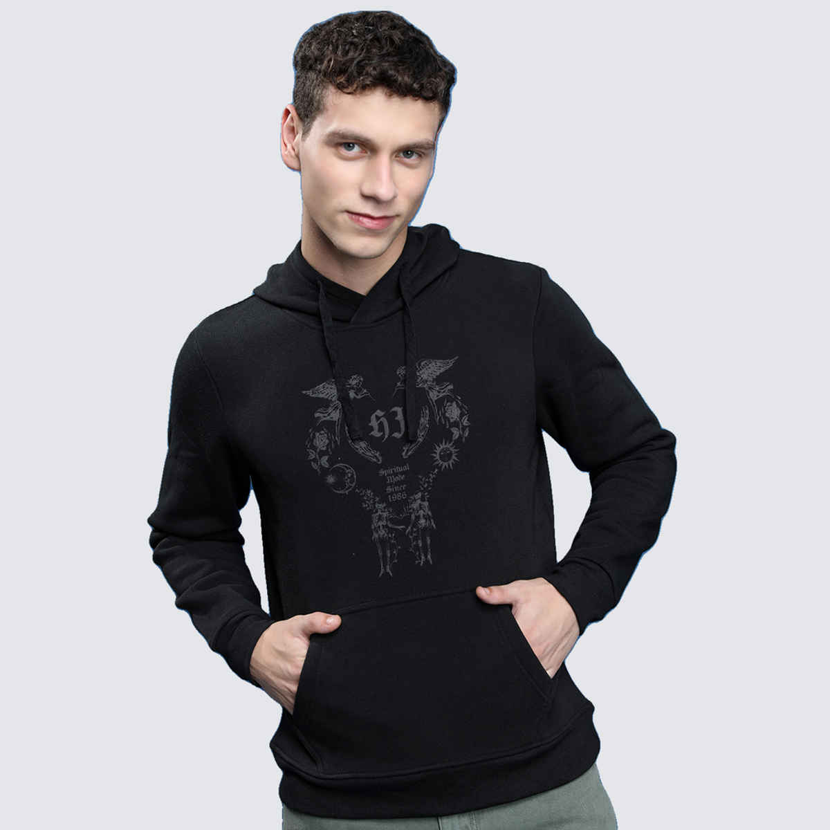 HIGHLANDER Men's Printed Cotton Pullover Sweatshirt | Black - XL
