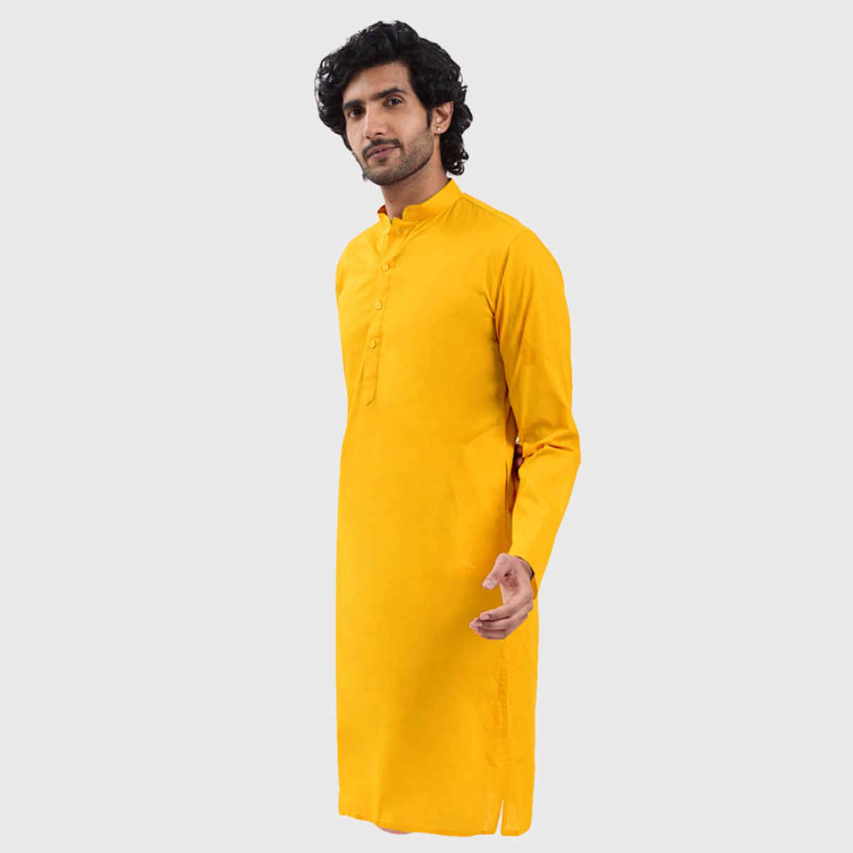 Vastramay Men's Cotton Blend Kurta | Yellow - L