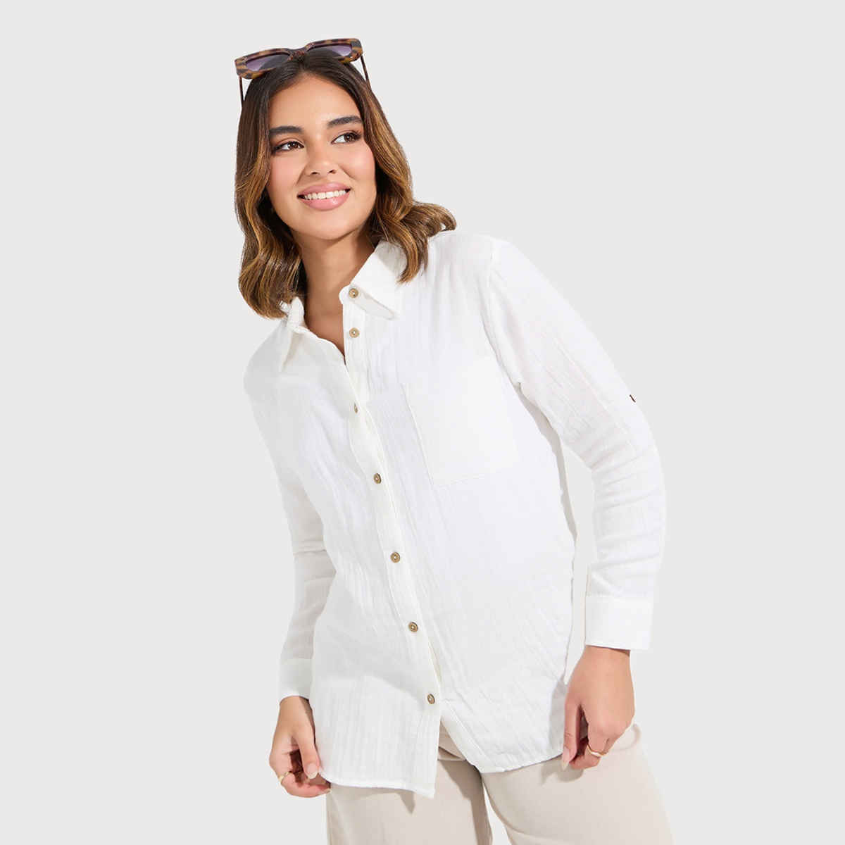 Styli Women's Longline Oversized Fit Shirt with Solid Design | White - M