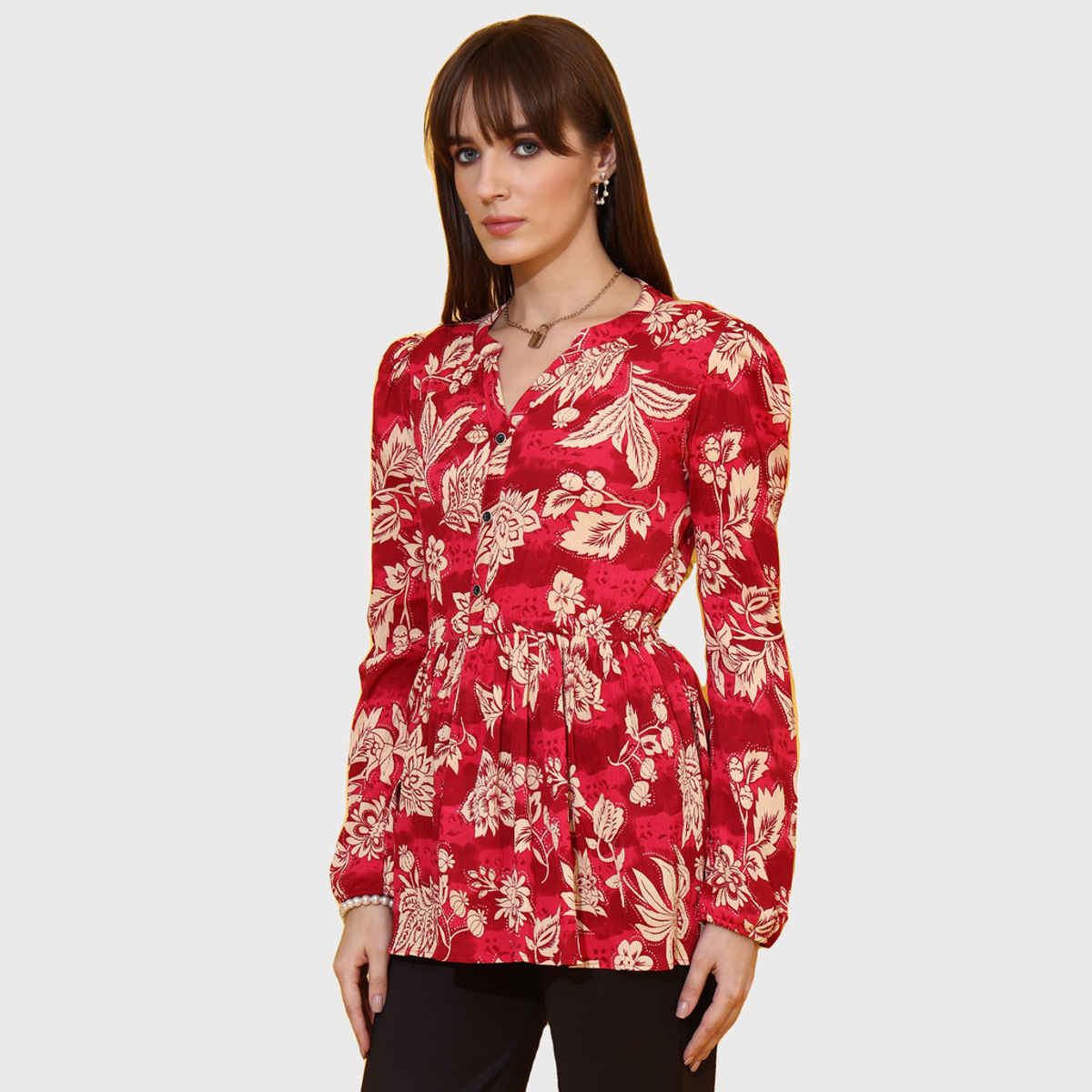 Sheetal Women's Floral Printed Mandarin Collar Peplum Crepe Top | 5204 | Red - XL