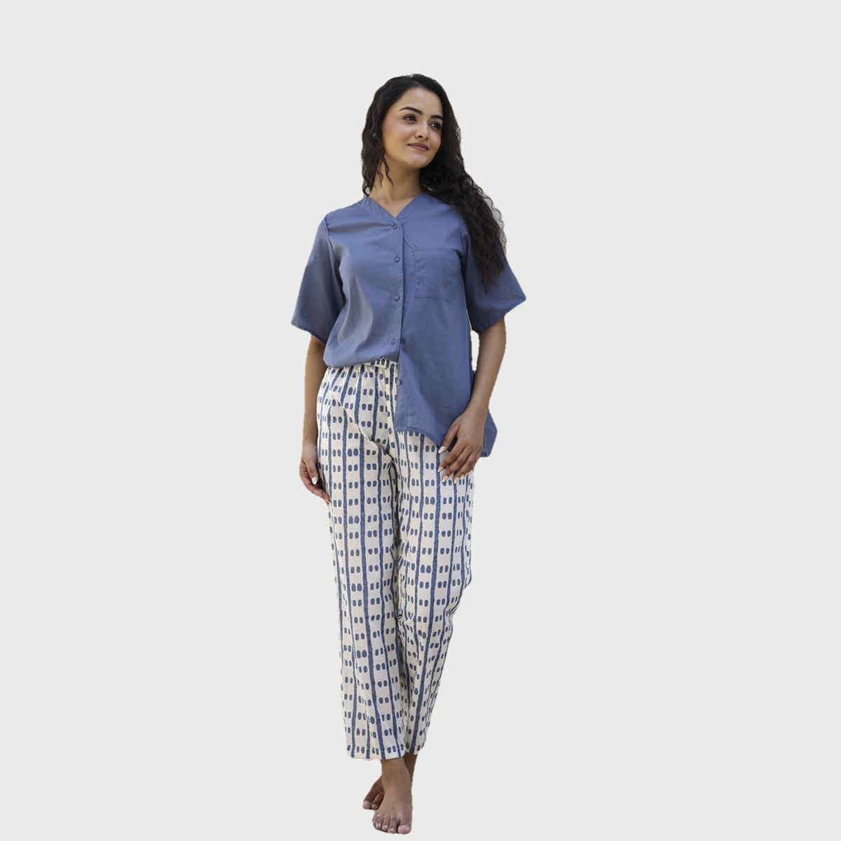 Sanskrutihomes Checked Pure Cotton Night Suit | Blue - White | L