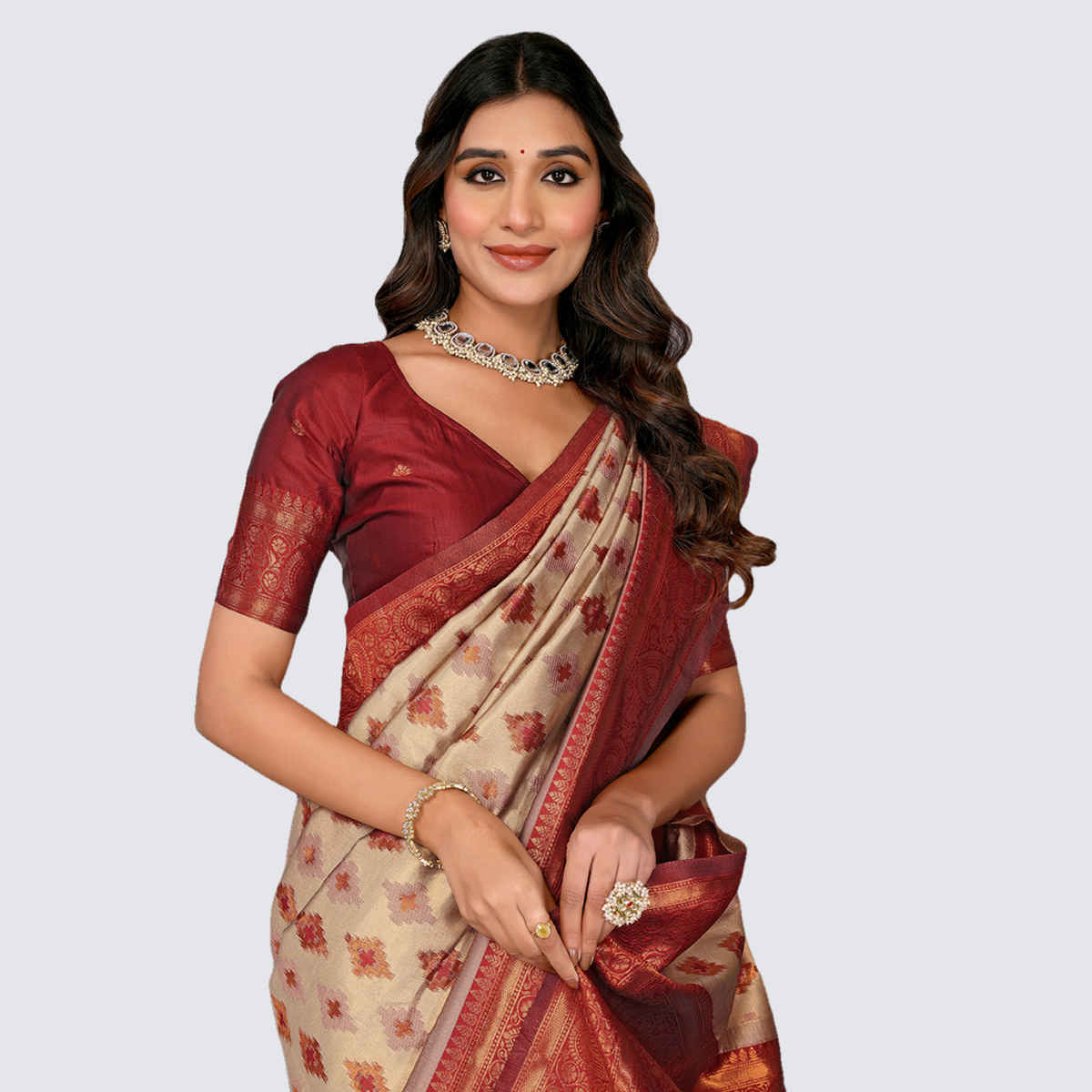 Janasya Women's Silk Blend Ethnic Motifs Kanjivaram Saree with Blouse Piece | SAR359 | Beige