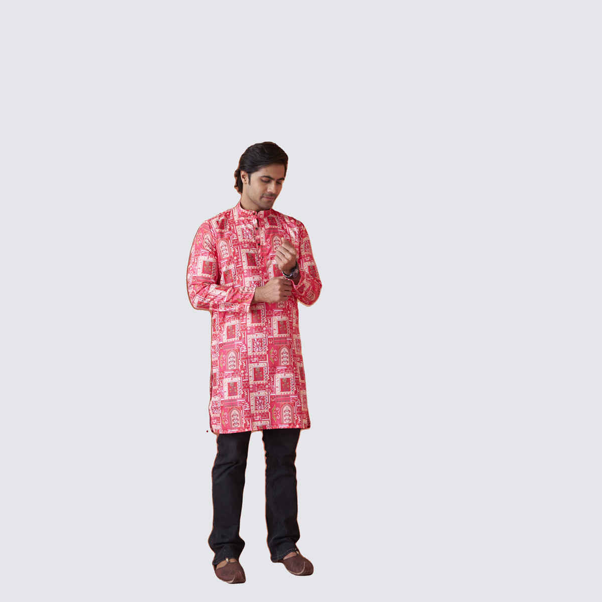 House Of Festivals Men's Printed Cotton Blend Long Kurta | Pink -L