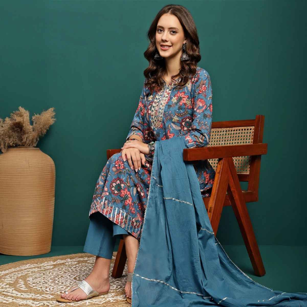 Bandia Women's Floral Gota Patti Anarkali Kurta Trouser Set with Dupatta | BANKS0211 | Indigo | M