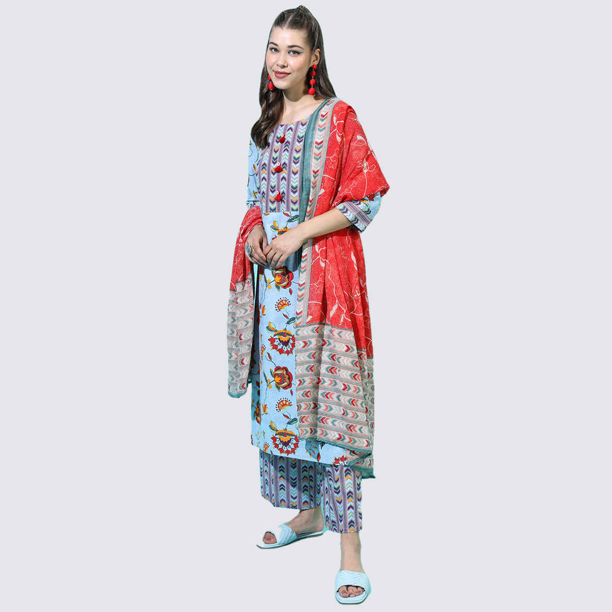 Vishudh Women's Floral Pure Cotton Kurta With Trouser & Dupatta | VNK3003691 | Blue - S