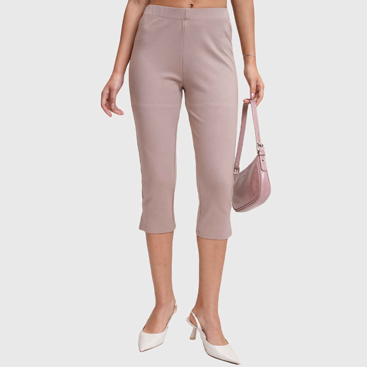 Tokyo Talkies Women's Taupe Solid Stretchy Capri Pants with Slits | Grey - 28