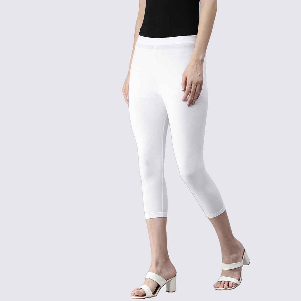 Kryptic Women's Mid-Rise Three-Fourth Length Stretchable Cotton Leggings | White - S