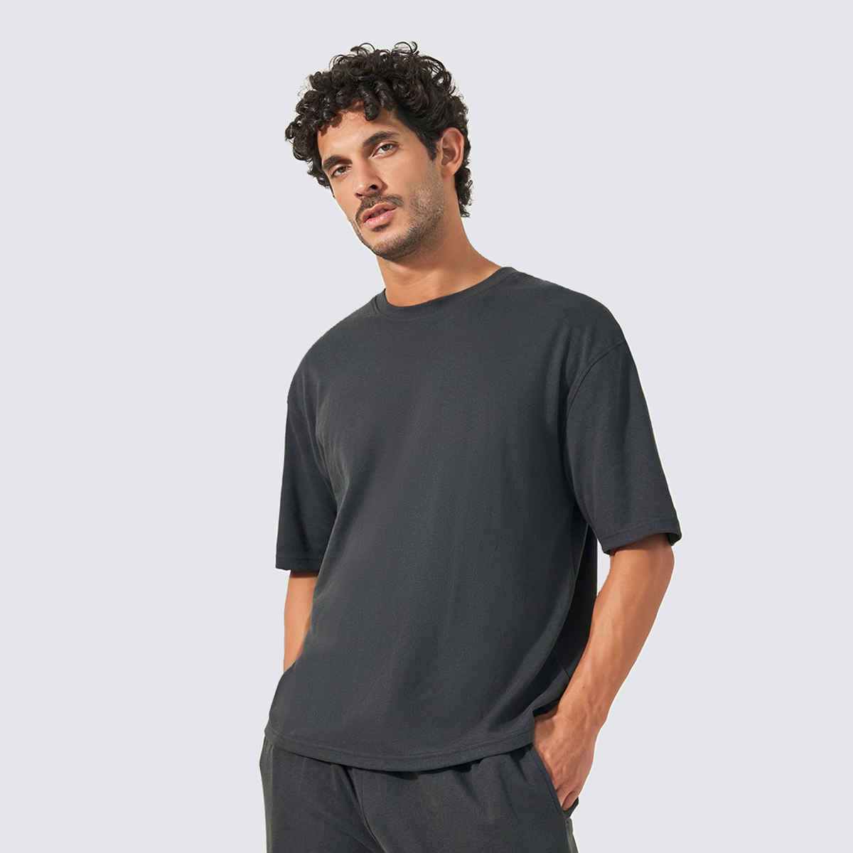 Styli Men's Co-ord Set with Typographic Oversized T-shirt and Open Hem Jogger | Grey - XL
