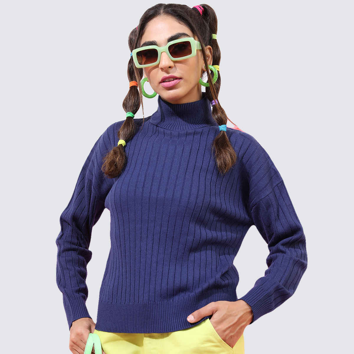 Tokyo Talkies Women's Self Design High Neck Sweater | Dark Blue - M