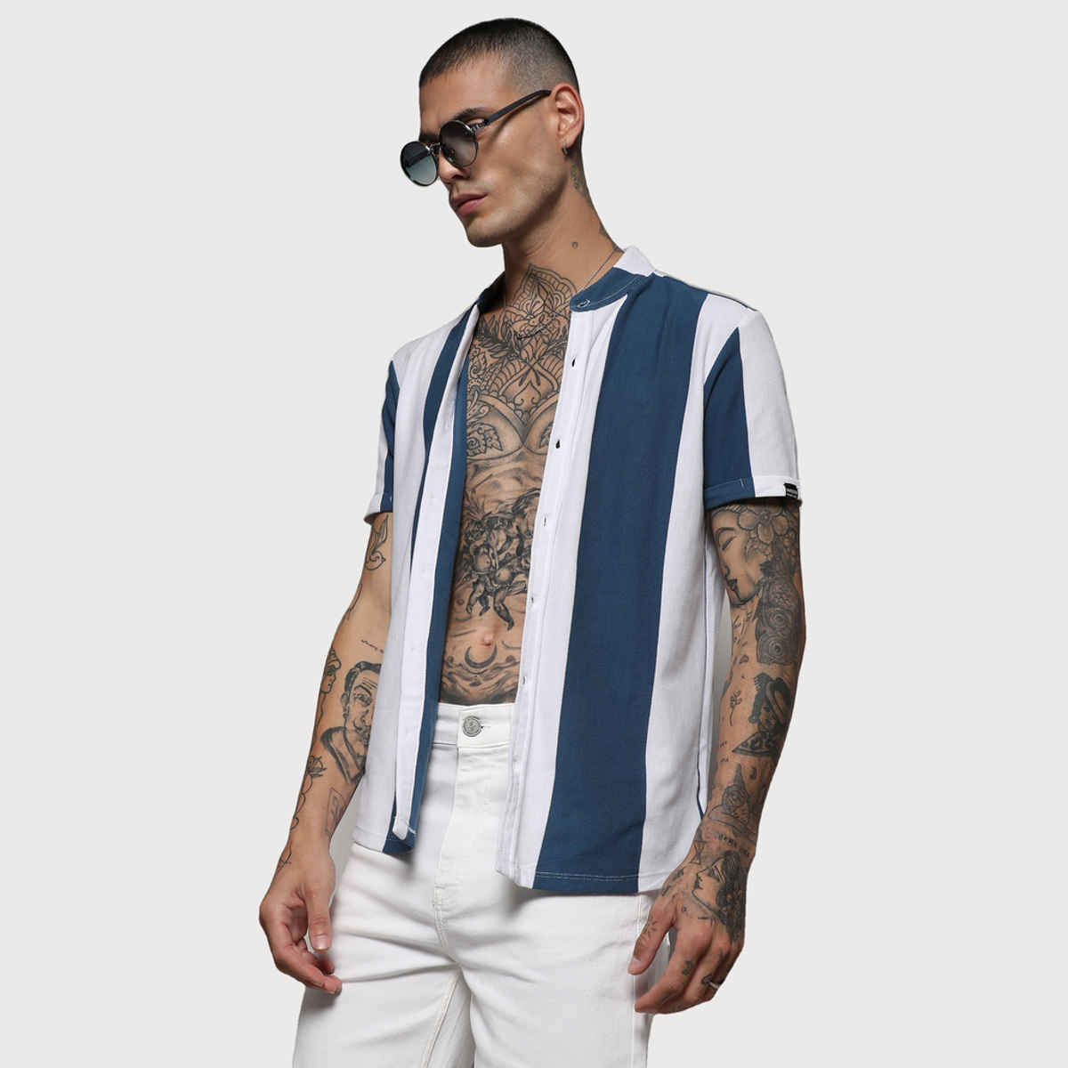 Campus Sutra Men's Striped Cotton Shirt | Blue - XL