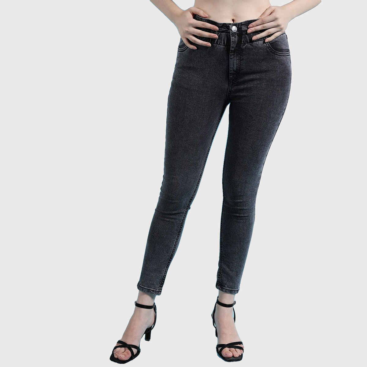 Buy Freehand Women's Elasticated Ruffle Slim Fit Denim Jeans | Black ...