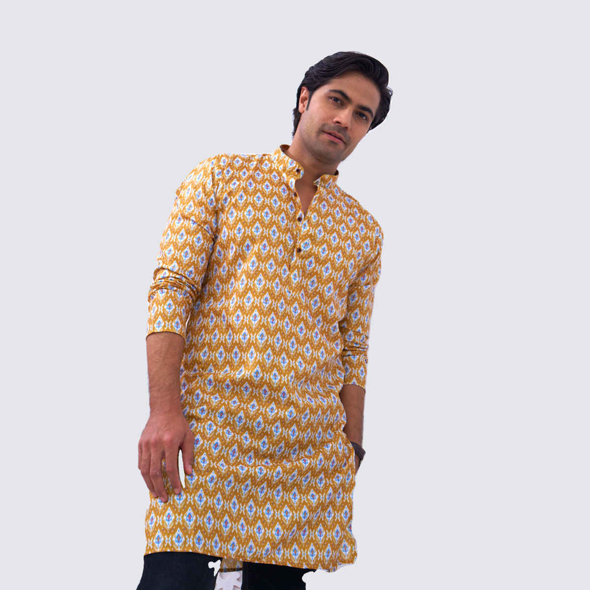 House Of Festivals Men's Printed Cotton Blend Long Kurta | Yellow - M