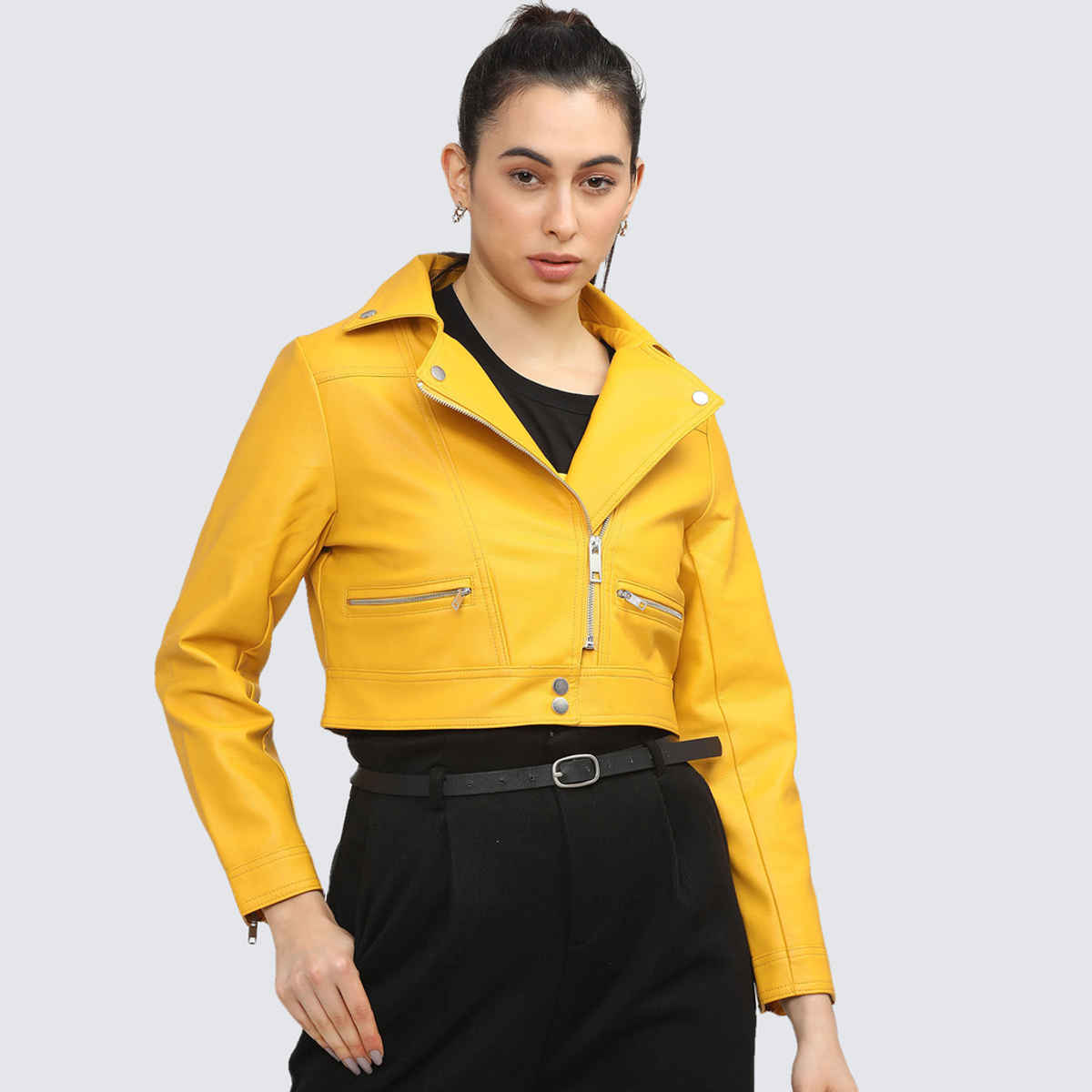 Tokyo Talkies Women's Crop Biker Jacket | Mustard - L