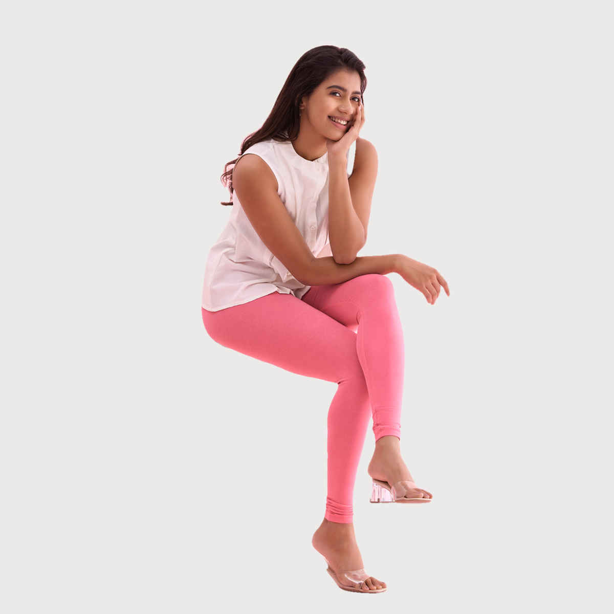 Go Colors Women's Solid Mid Rise Ankle Length Leggings | Young Pink - XL